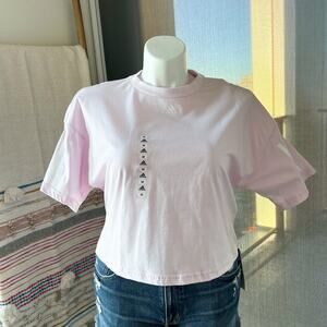 Adidas Almost Pink Loose Fit Crewneck Short Sleeve Open Back Cropped T-Shirt M